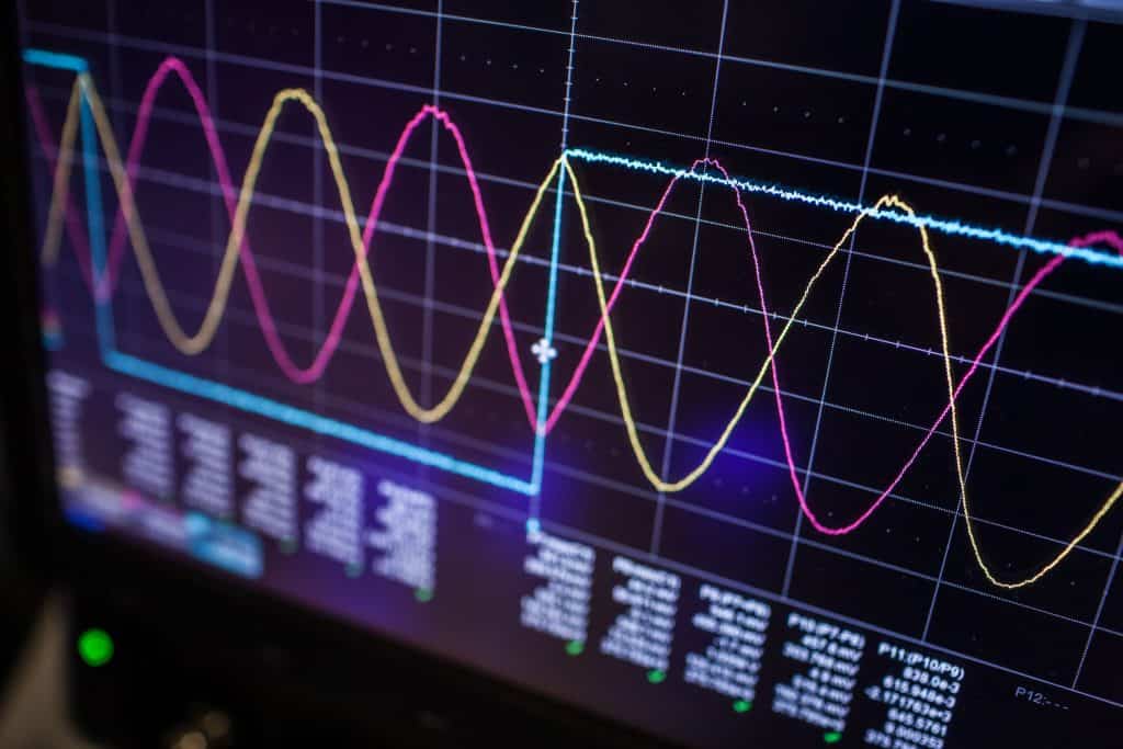Digital oscilloscope is used by an experienced electronic engineer in the laboratory