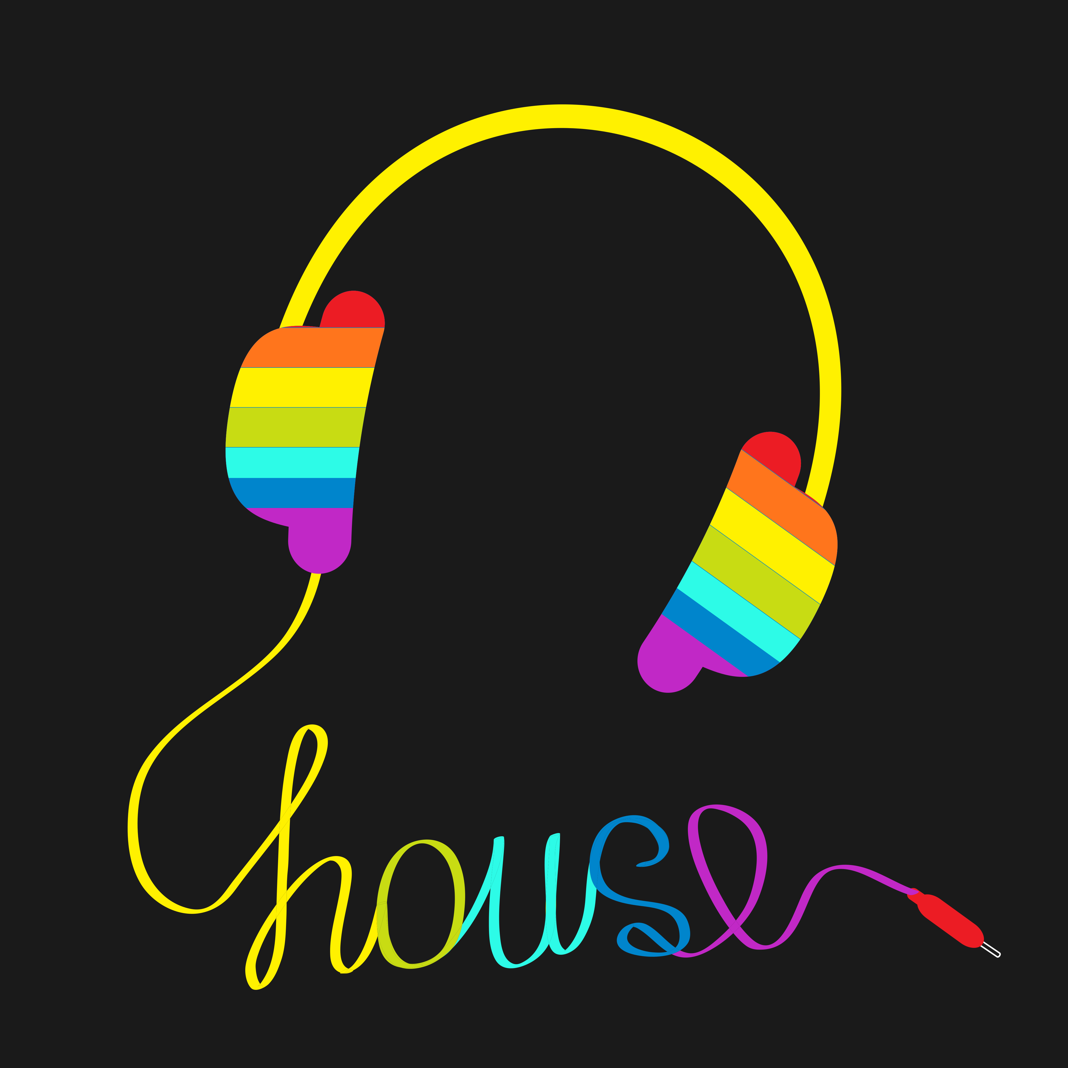 Rainbow headphones with a cord in the shape of the word house
