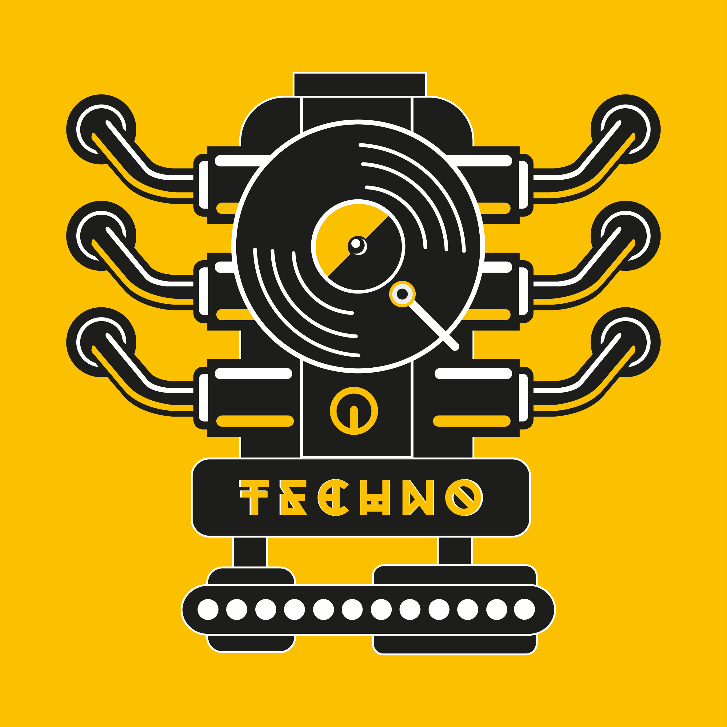 Techno and industrial party poster, with a vinyl record and car engine