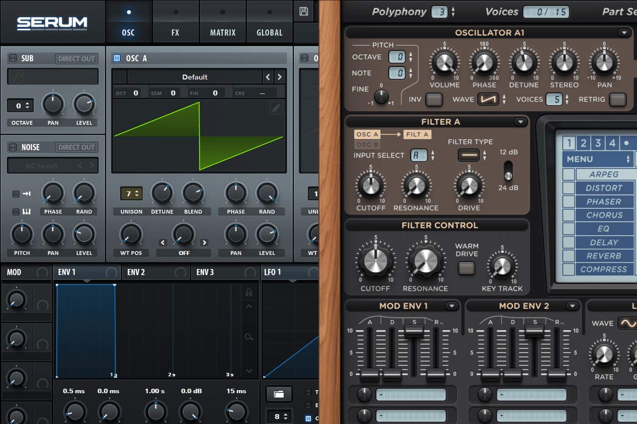 A view of the part with a detune button of the Lennar Digital Sylenth 1 and Xfer Records Serum synthesizers